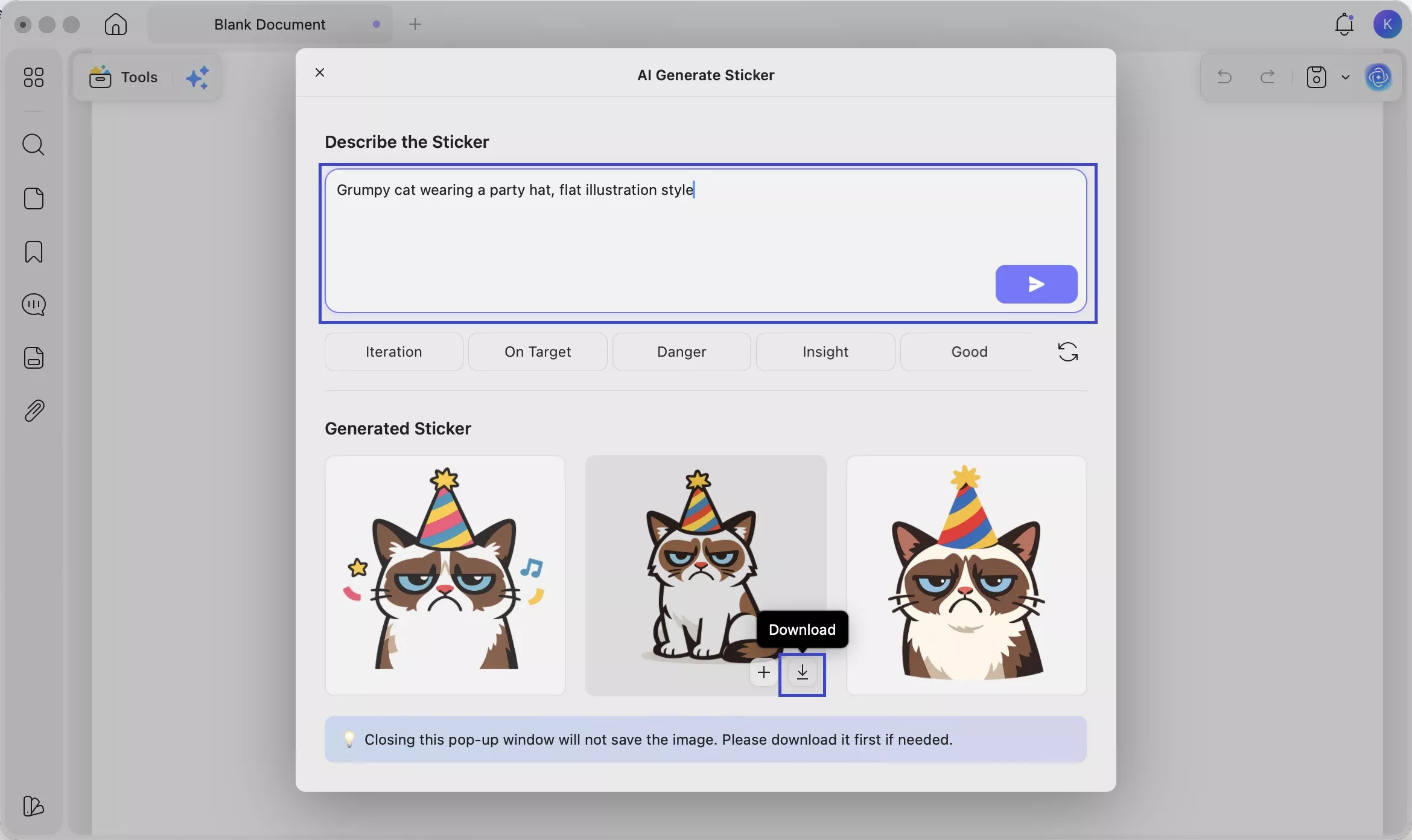 updf ai generate stickers about a grumpy cat