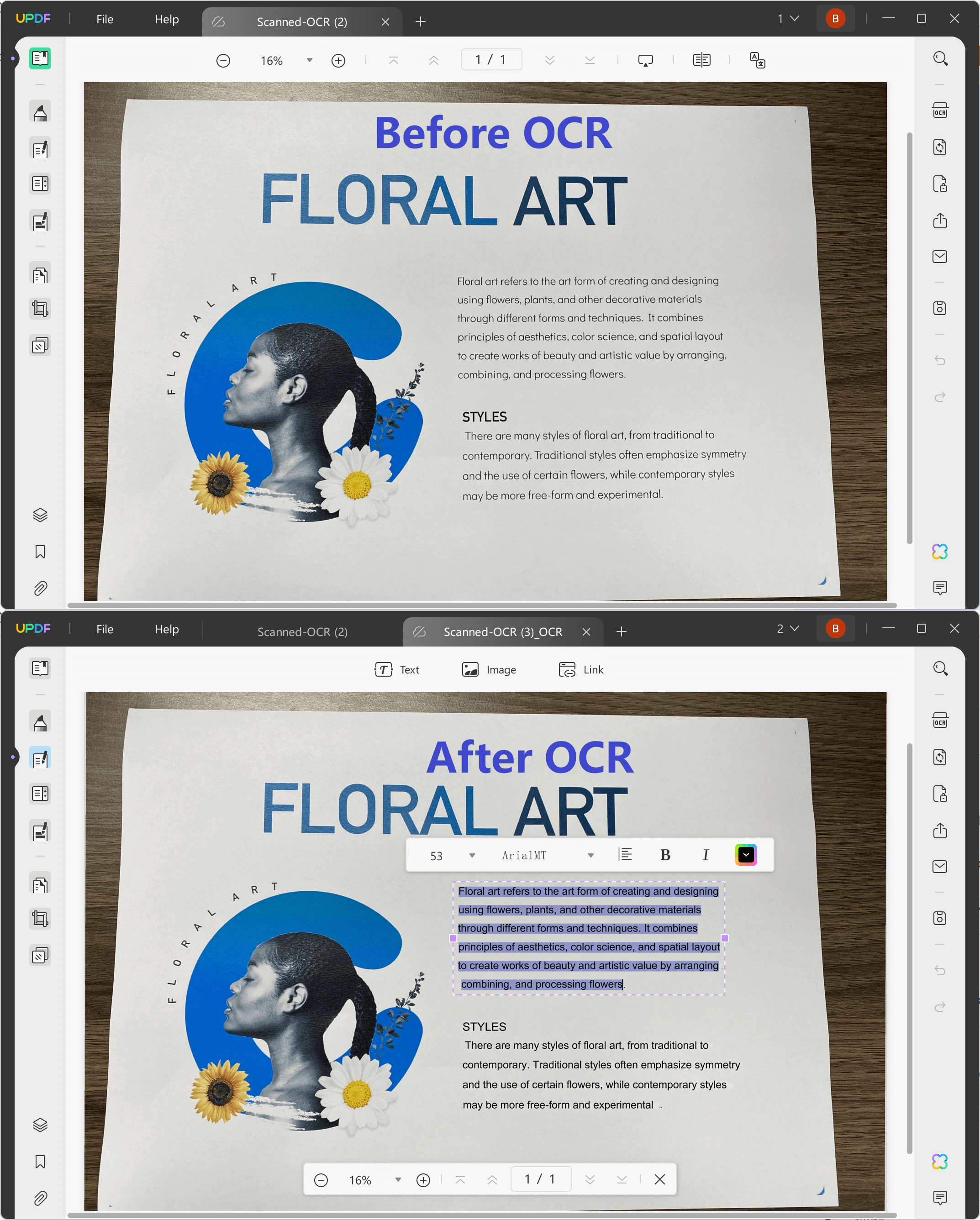 before and after performing OCR using UPDF
