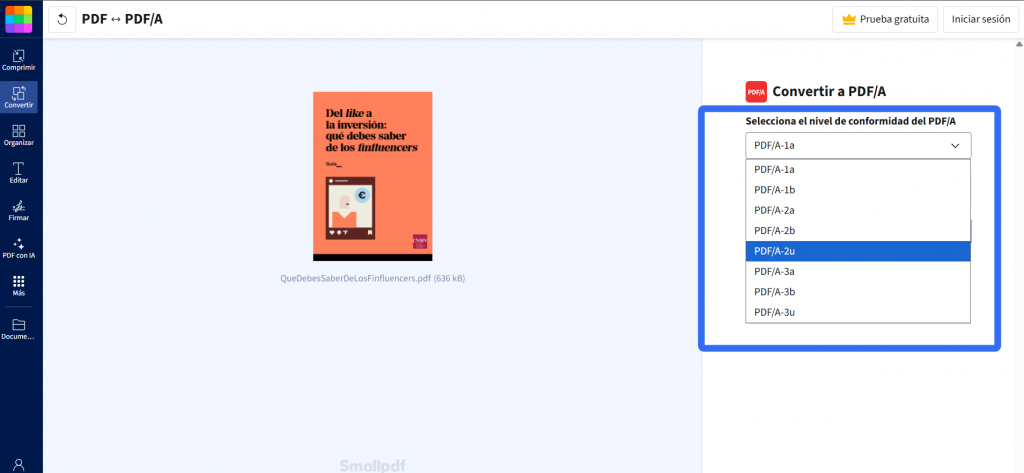 Convertir PDF a PDF/A online en smallpdf