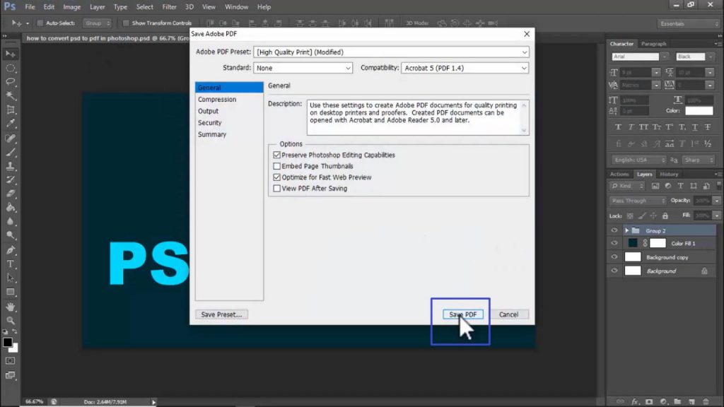 ajustar el preestablecido de pdf craedo con photoshop
