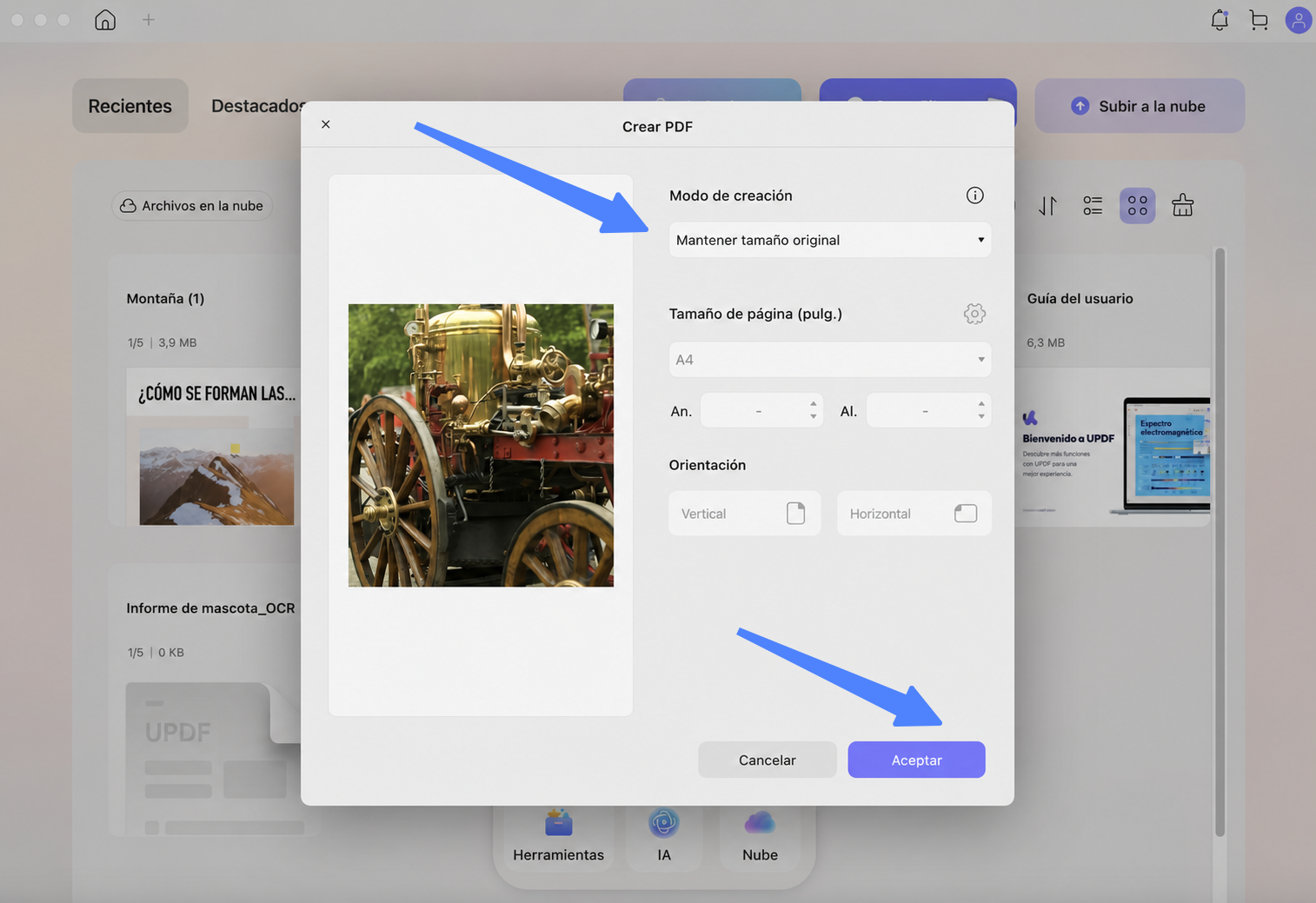 ajustar el tamaño y la orientación de pdf creado