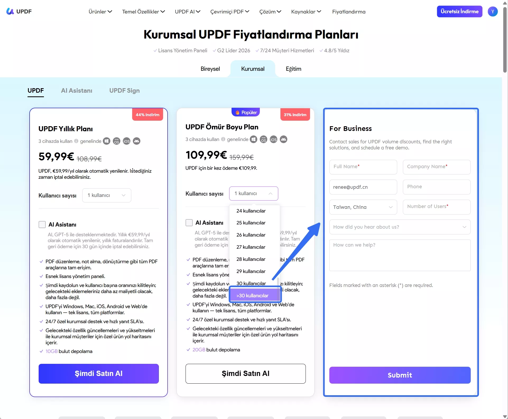 UPDF Enterprise Planı için kullanım sayısını seçin