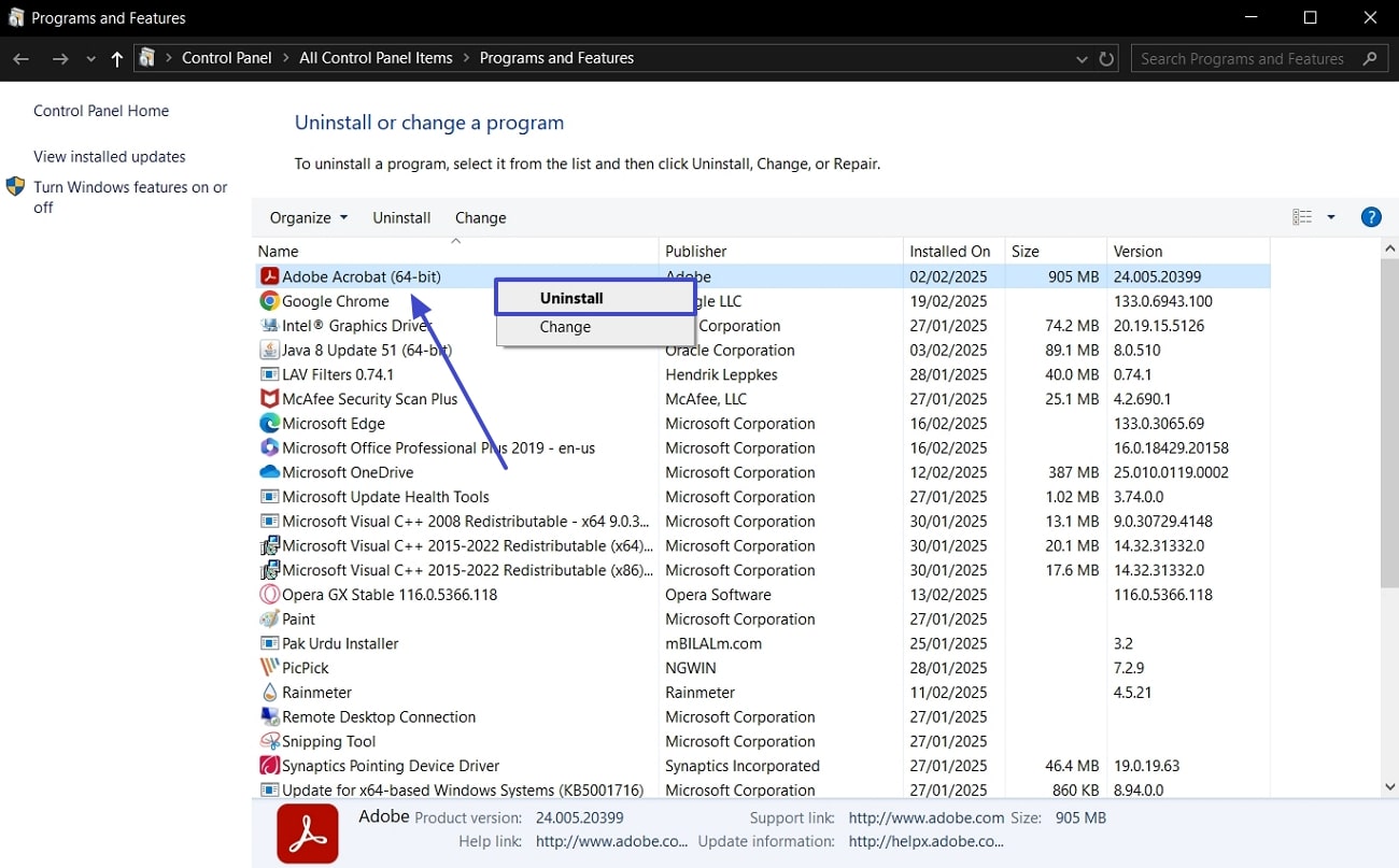 uninstall from program and features