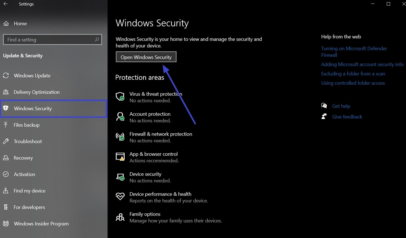open windows security settings