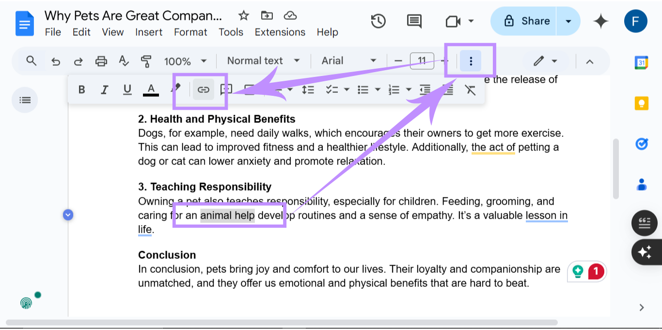 add bookmark link to the text google docs