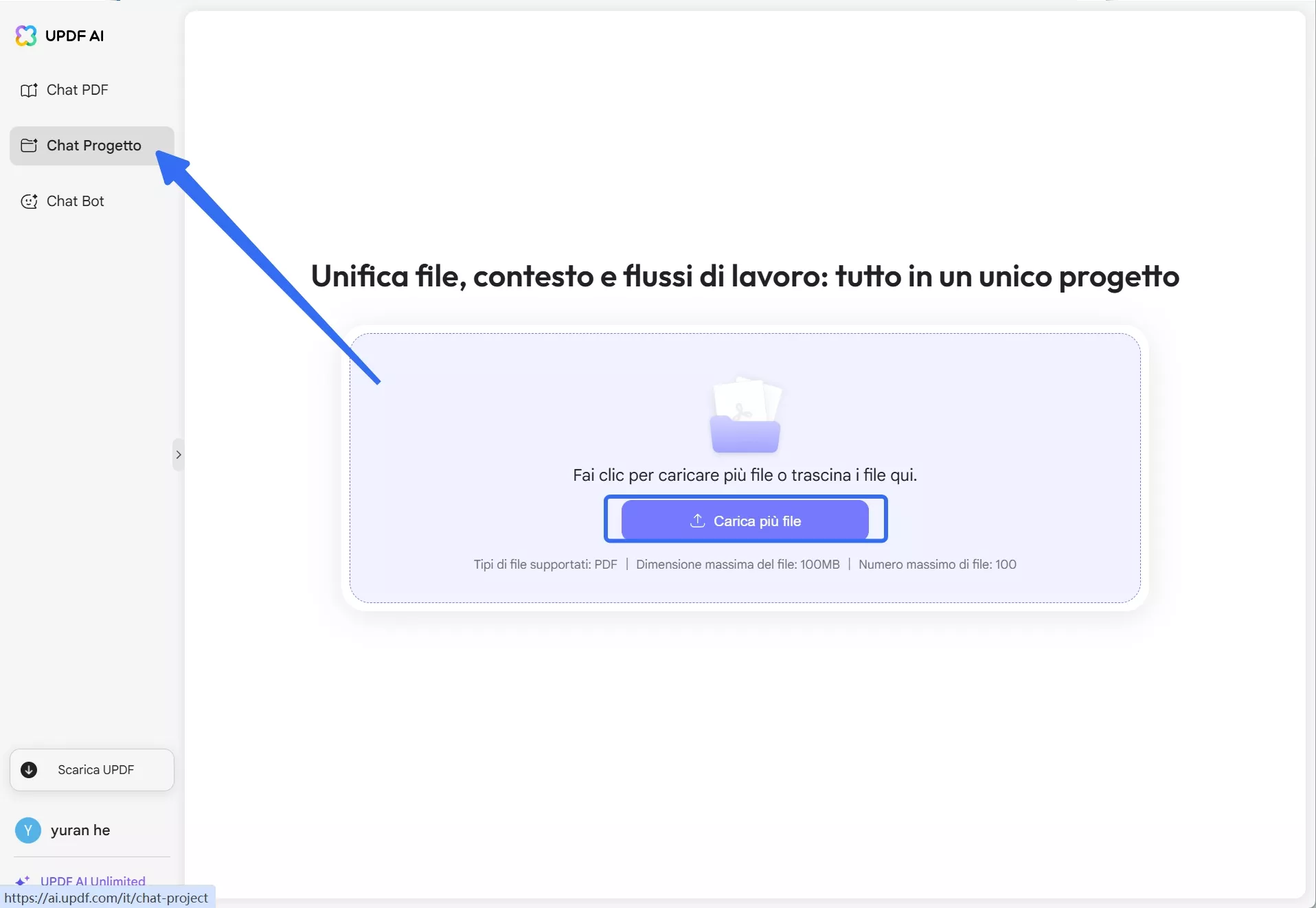carica più file progetto chat