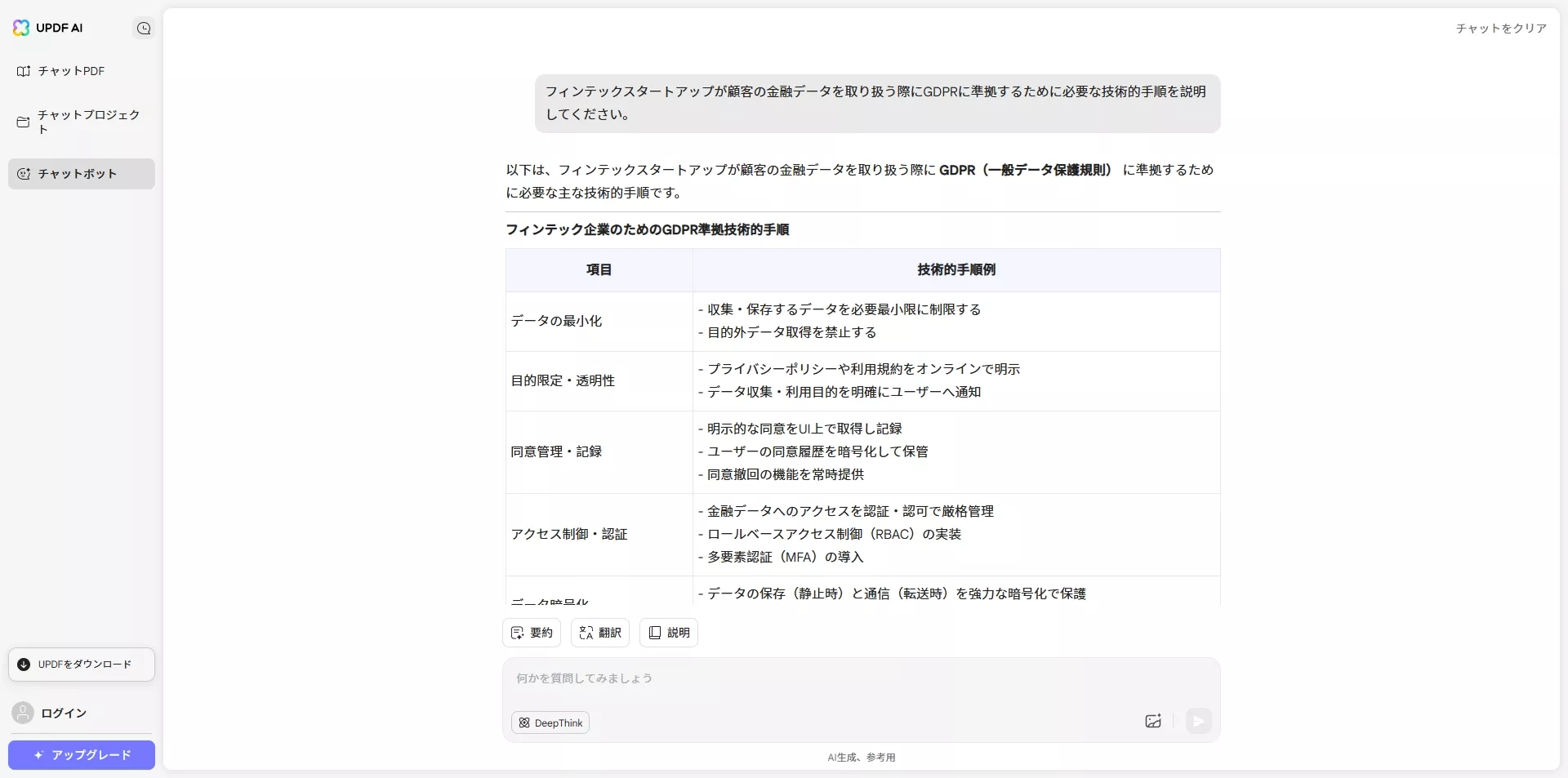 Deepthinkでファイナンスに関するチャット