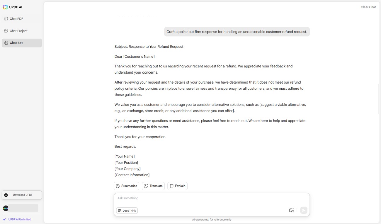 updf ai customer service responses 