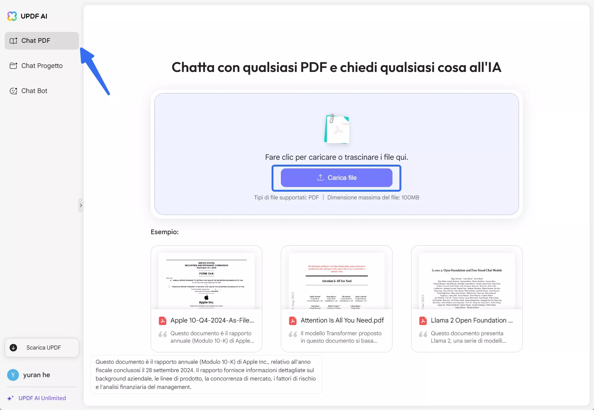 carica file su UPDF AI