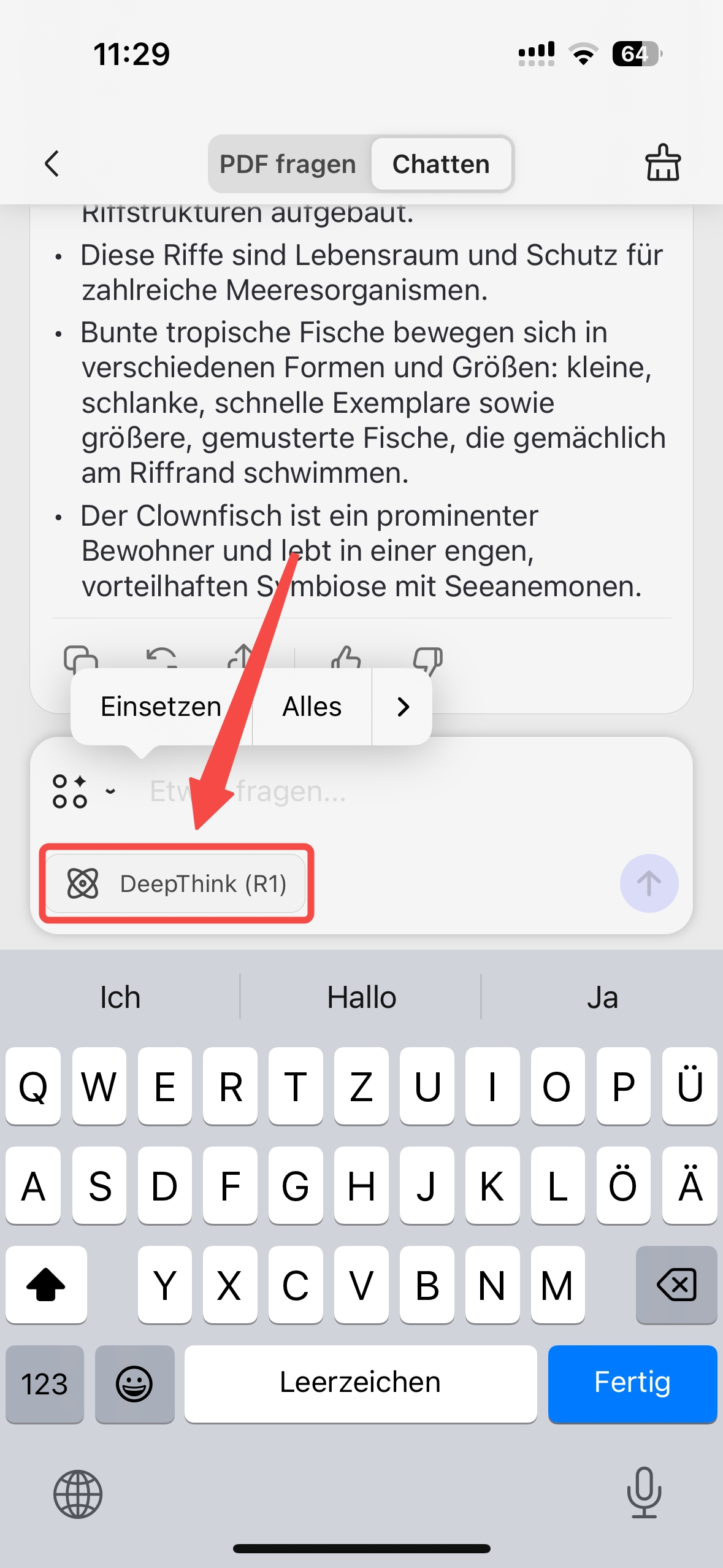 tippen Sie auf die Schaltfläche „DeepThink (R1)“