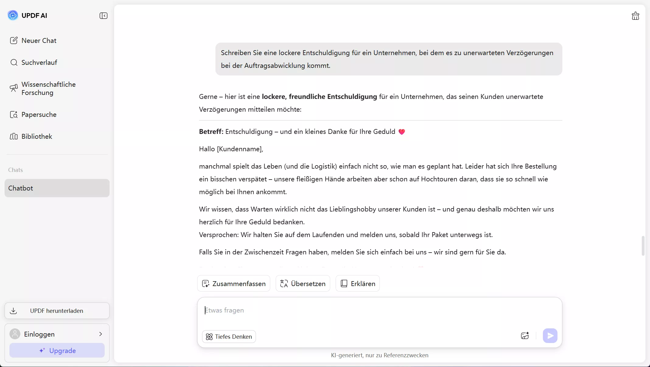 UPDF AI-Kundenservice-Antworten