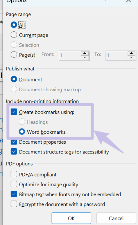 check create bookmarks using word bookmarks