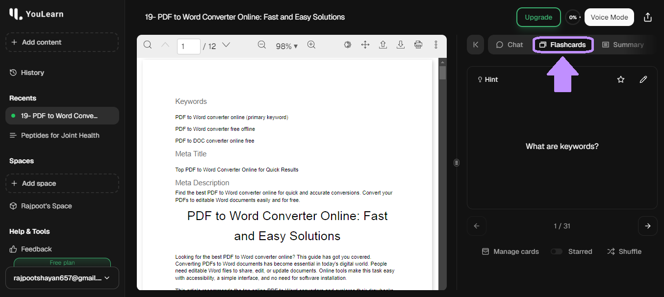 Klicken Sie auf „Karteikarten“, um sie automatisch zu erstellen youlearn ai