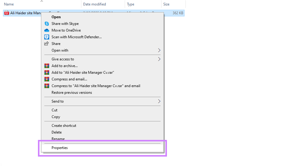 click properties for pdf windows