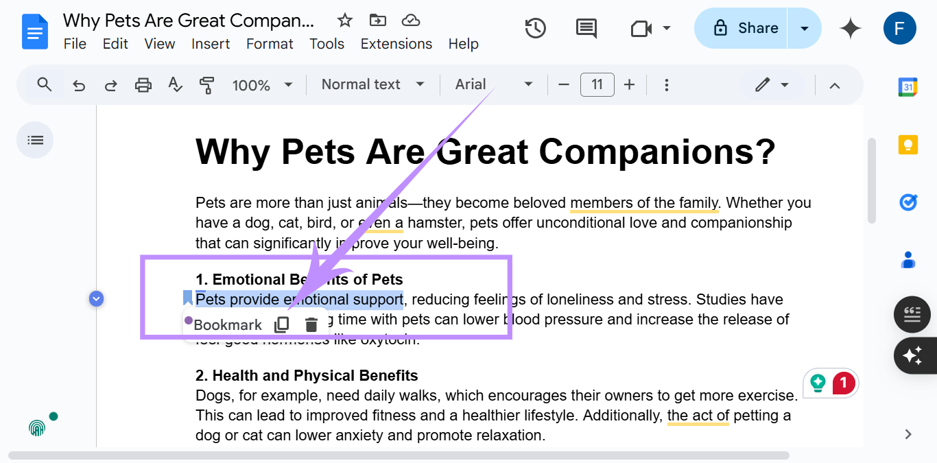 copy the link of bookmark google docs