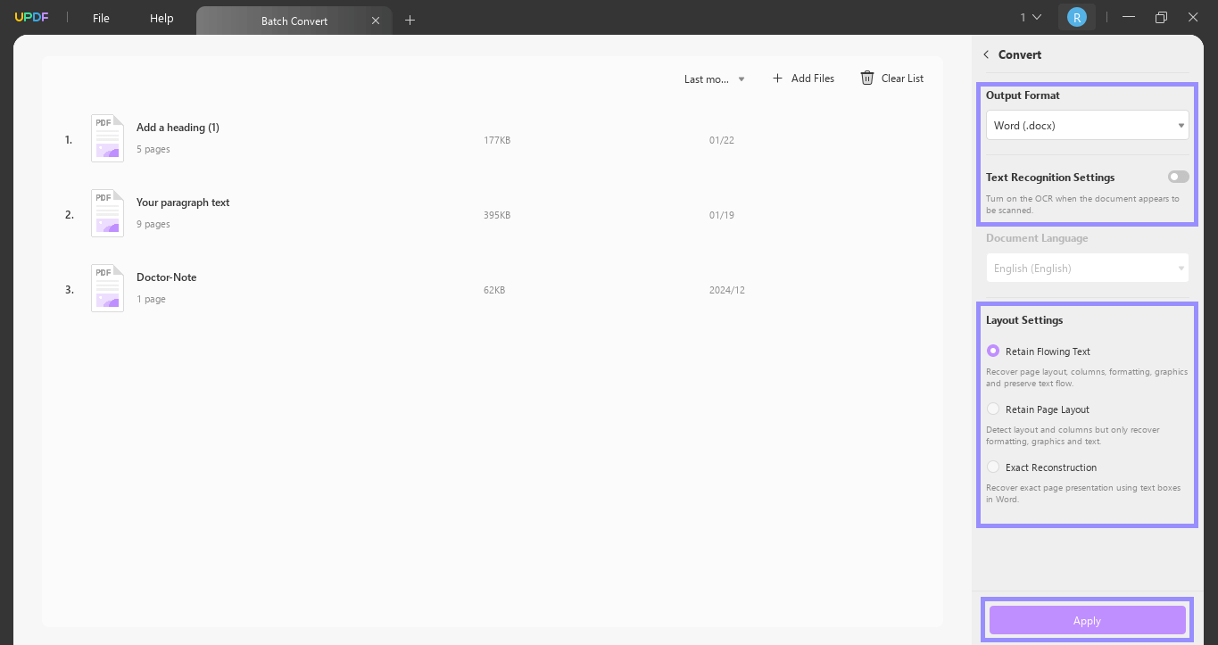 customize settings to batch convert pdf to word updf