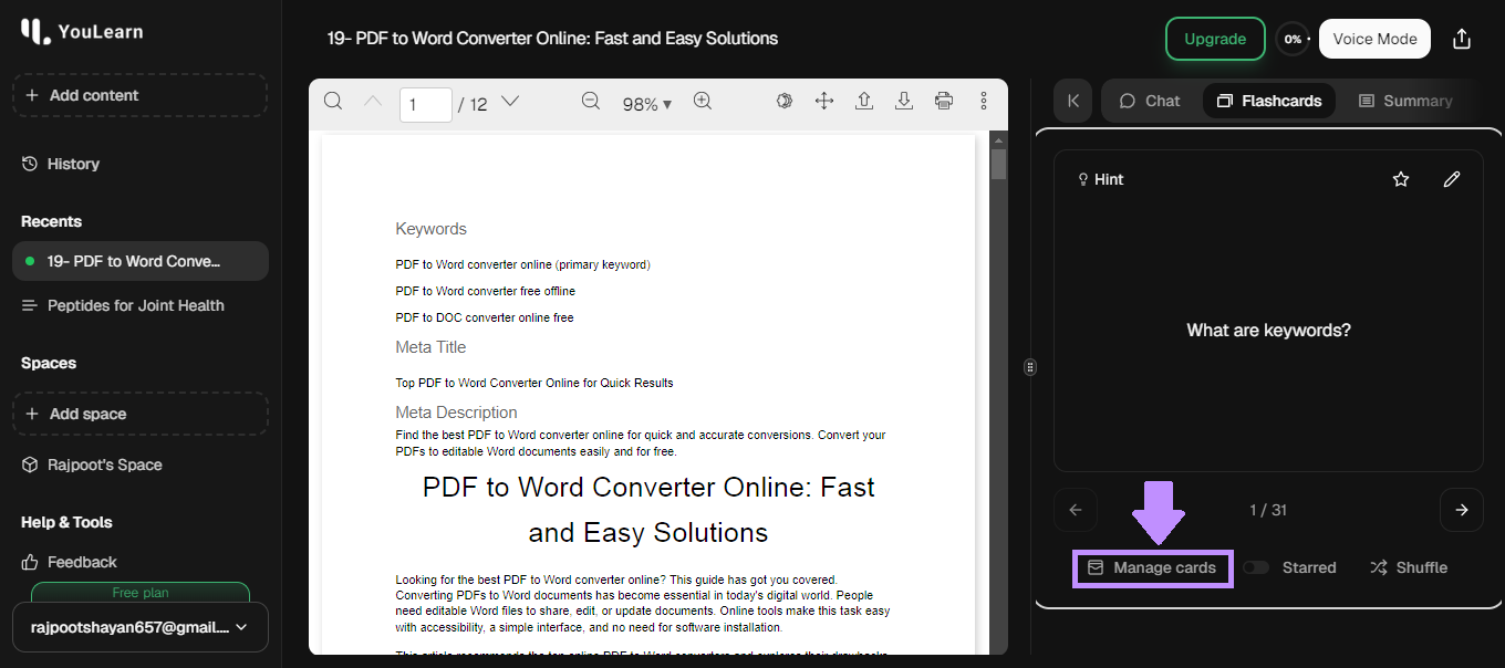 Karteikarten in „Karten verwalten“ bearbeiten youlearn ai
