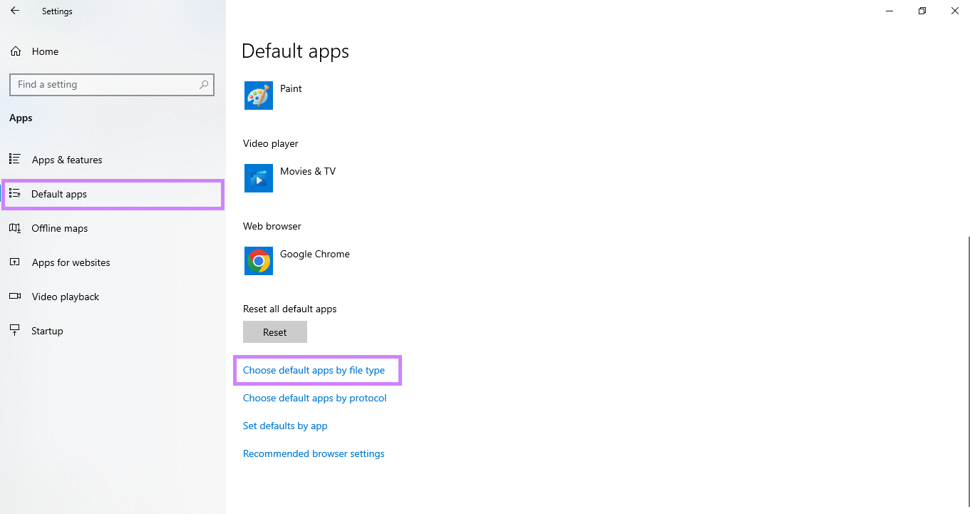 go to choose default apps by file type.