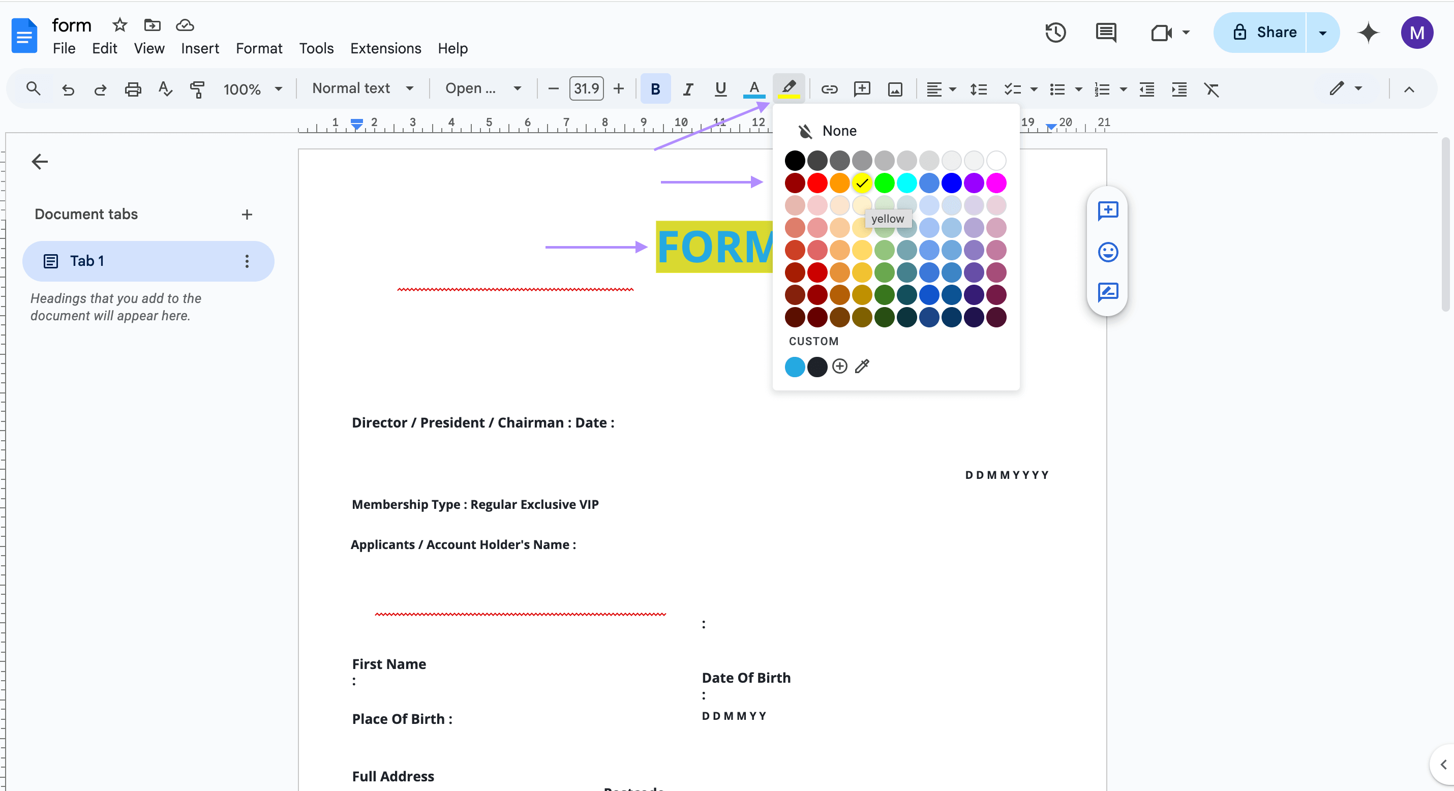 highlight text in the google docs