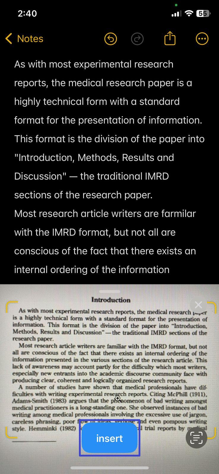 tap insert text into note