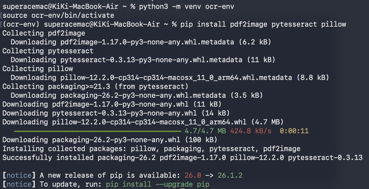 mac install the pdf2image pytesseract pillow