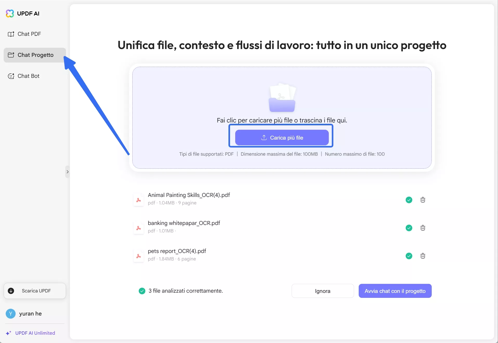 tradurre più PDF con il progetto di chat
