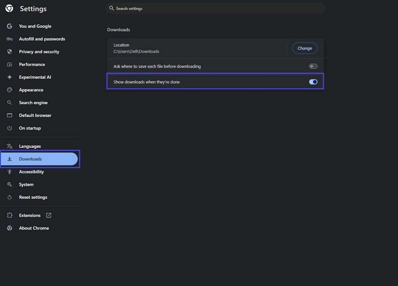 toggle show download when done