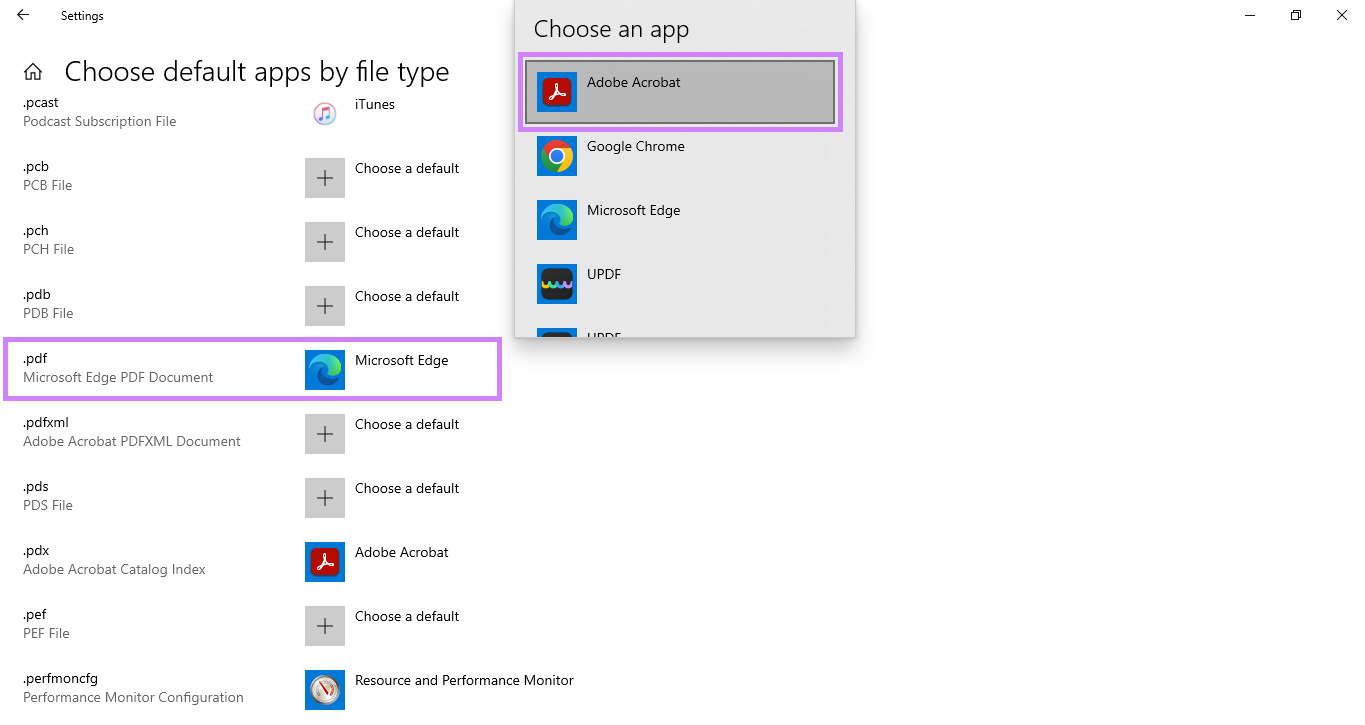 select adobe acrobat as the default app windows