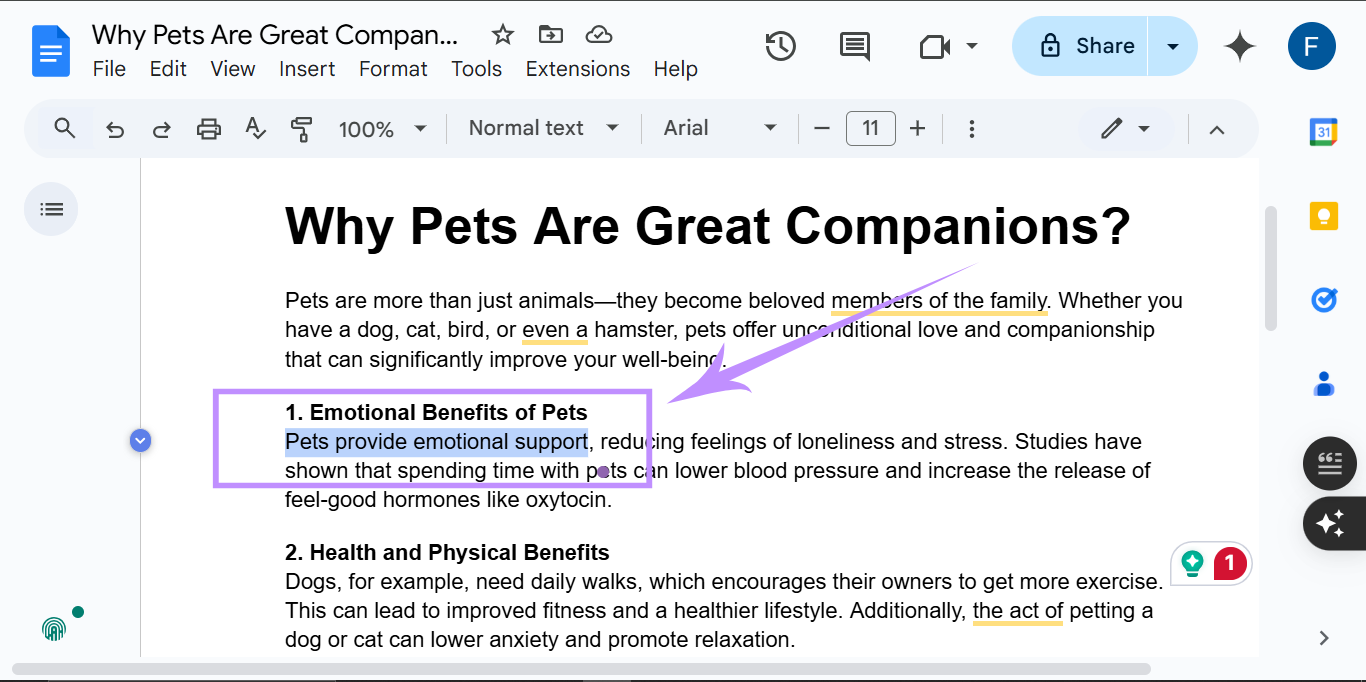 select the content to add bookmarks google docs