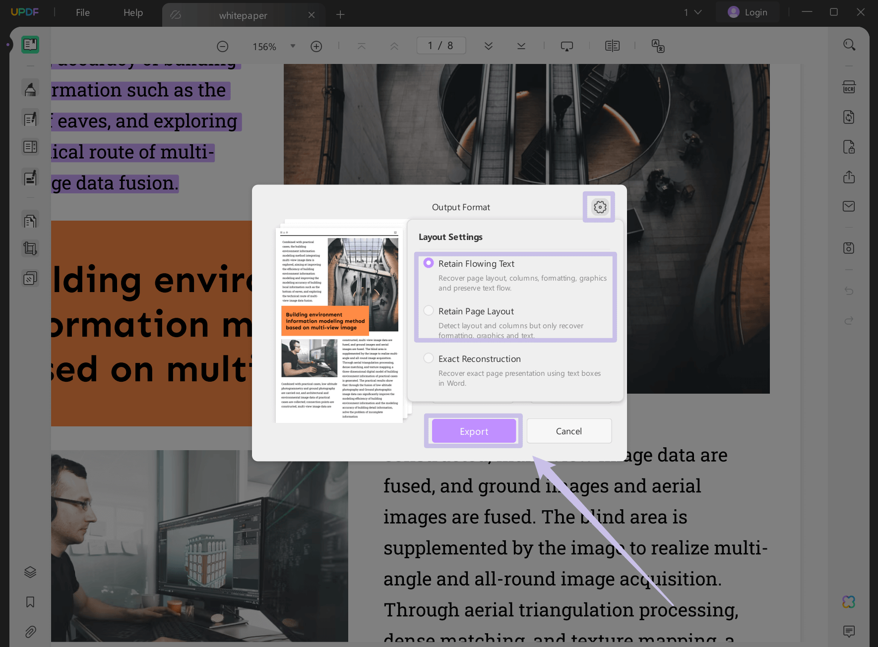 settings to export pdf to word updf