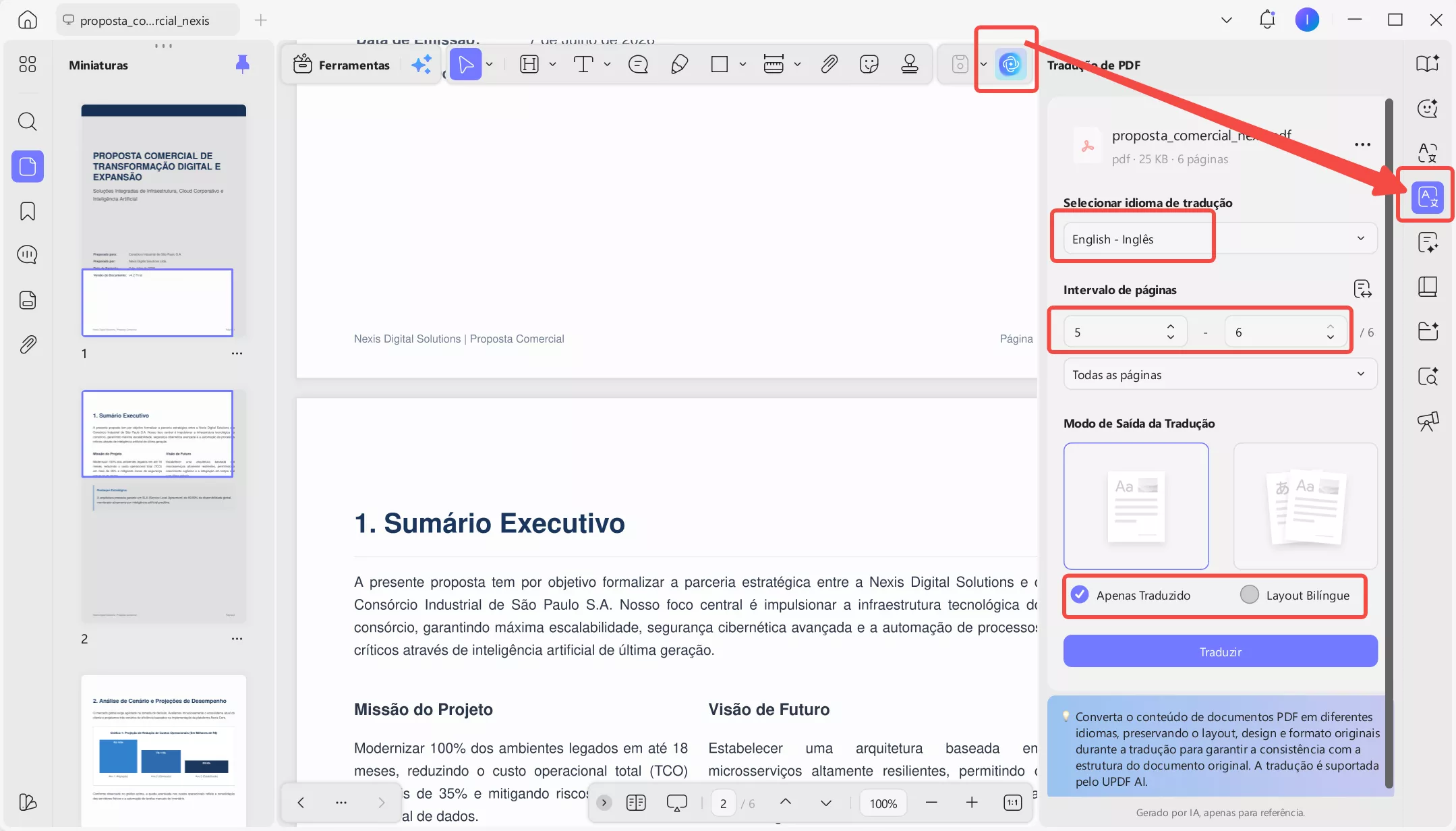 traduzir pdf em inglês com updf ia