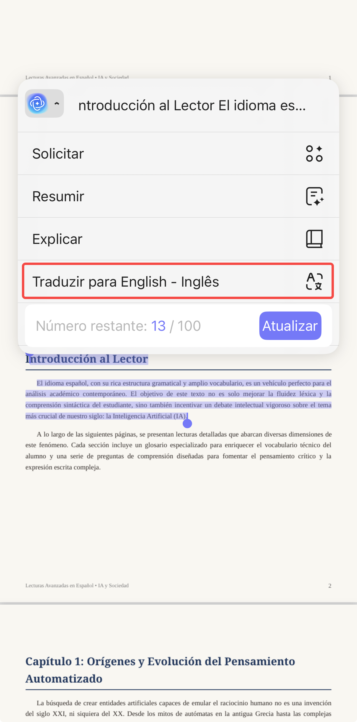 traduzir texto em pdf com updf no celular