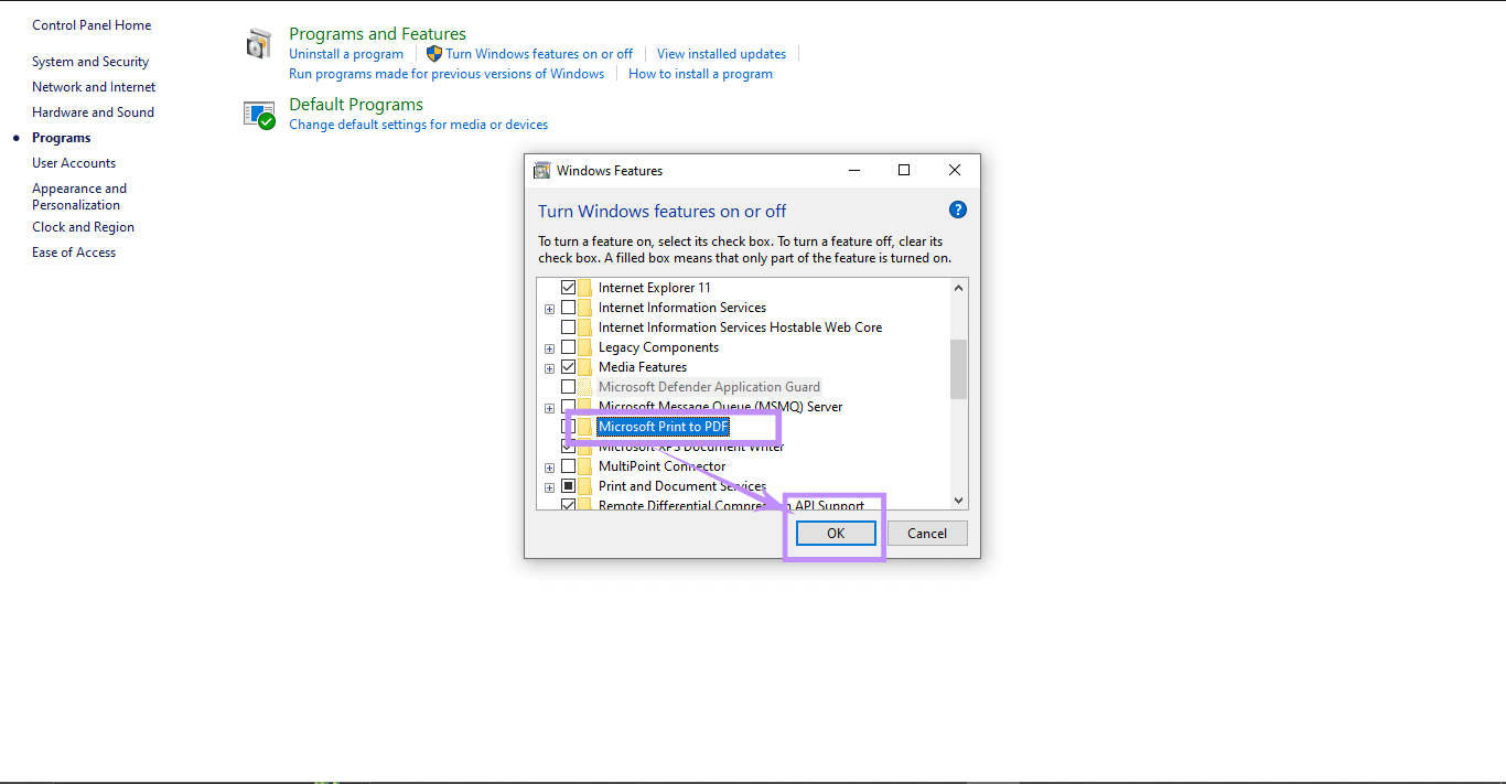 uncheck microsoft print to pdf