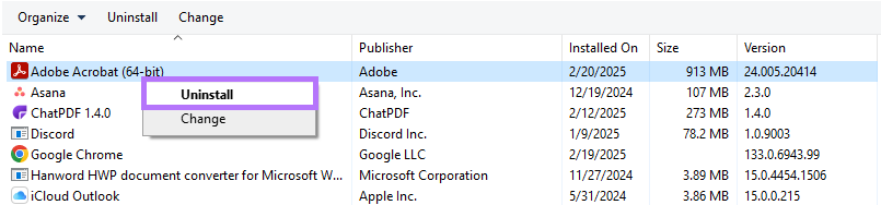 Adobe Acrobat'ı kaldırın