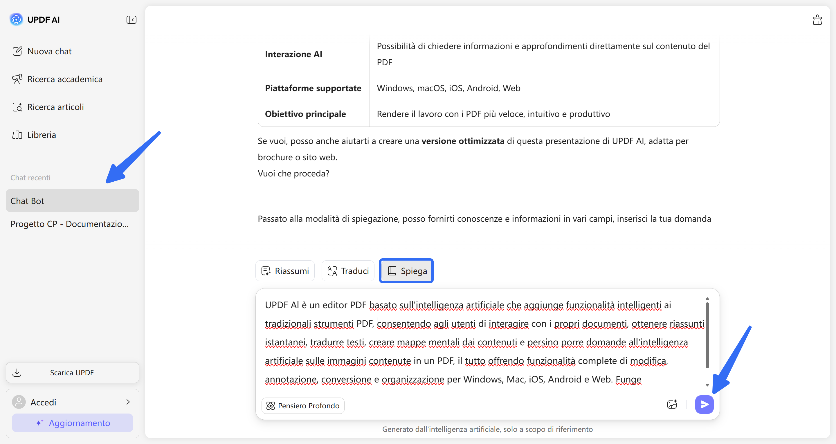 enter text and explain in chatbot