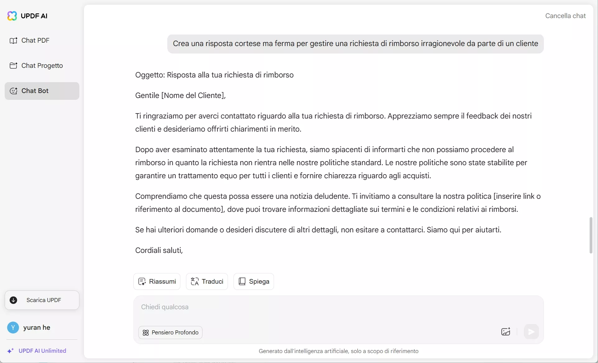 Risposte del servizio clienti UPDF AI