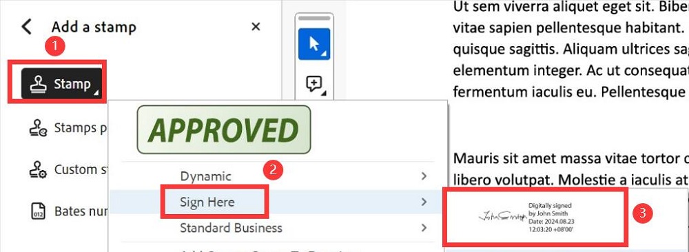 Verwenden Sie die Option Stempel, um die gespeicherten Unterschriften in die PDF-Datei einzufügen.