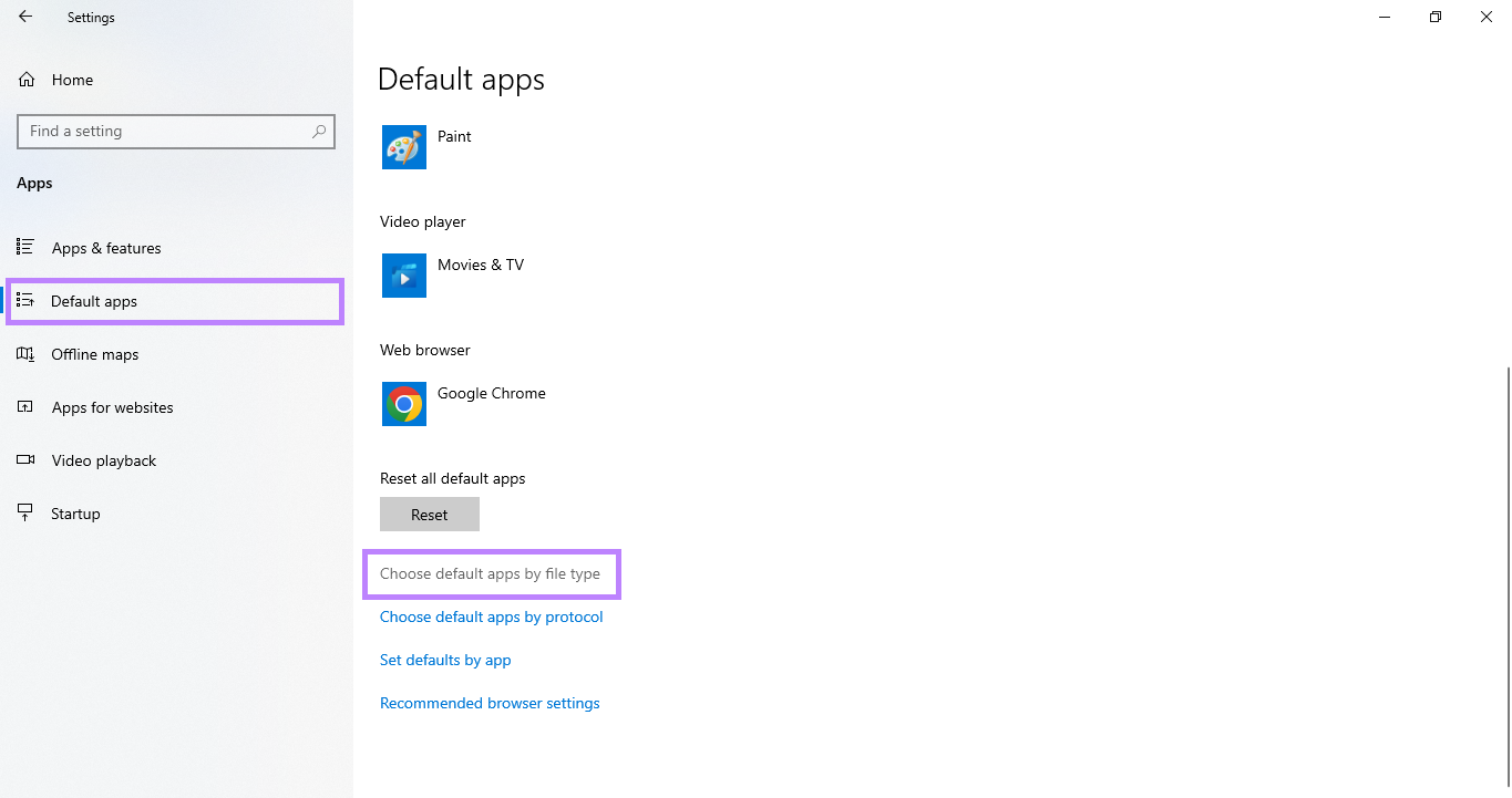 click choose default app by file type windows