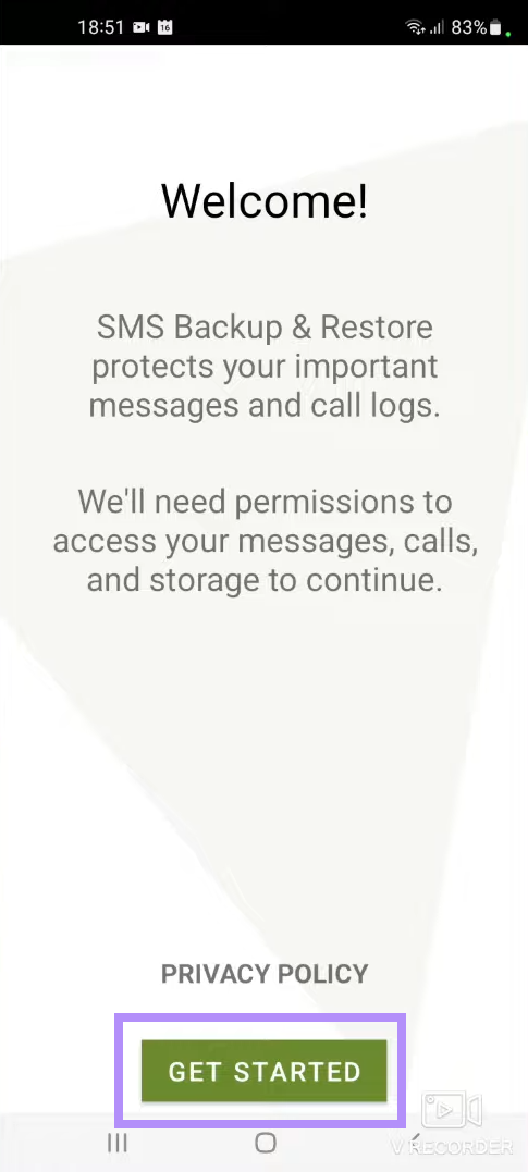 click get started and proceed sms backup and restore