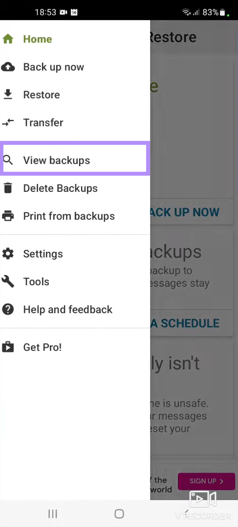 click view backups backup and restore