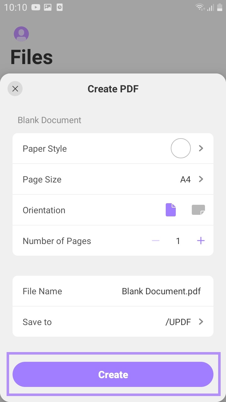 configure settings and click create updf android
