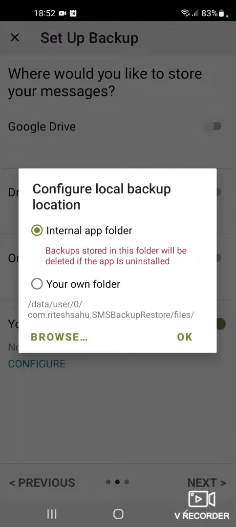 configure the backup location backup and restore