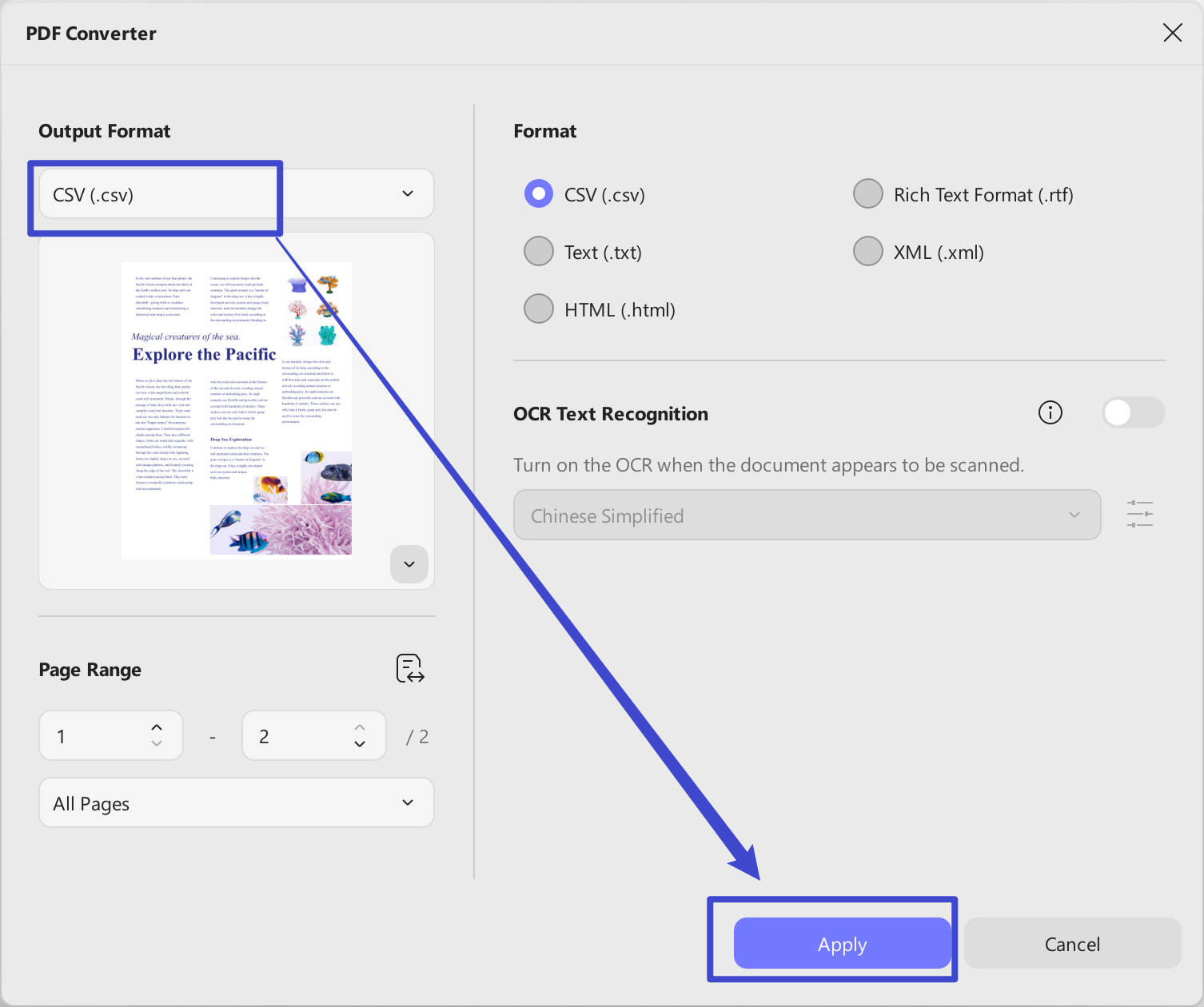 select the page range to export