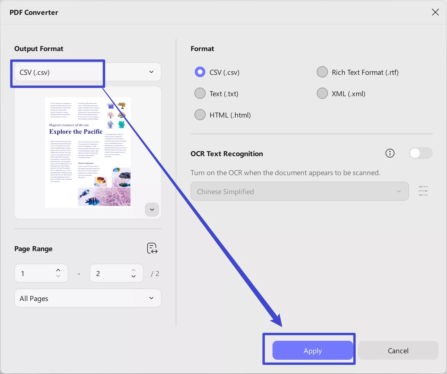 select the page range to export