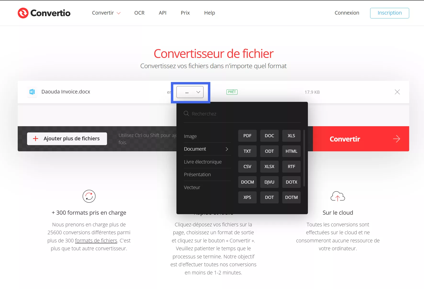 selecting the desired format from the menu convertio