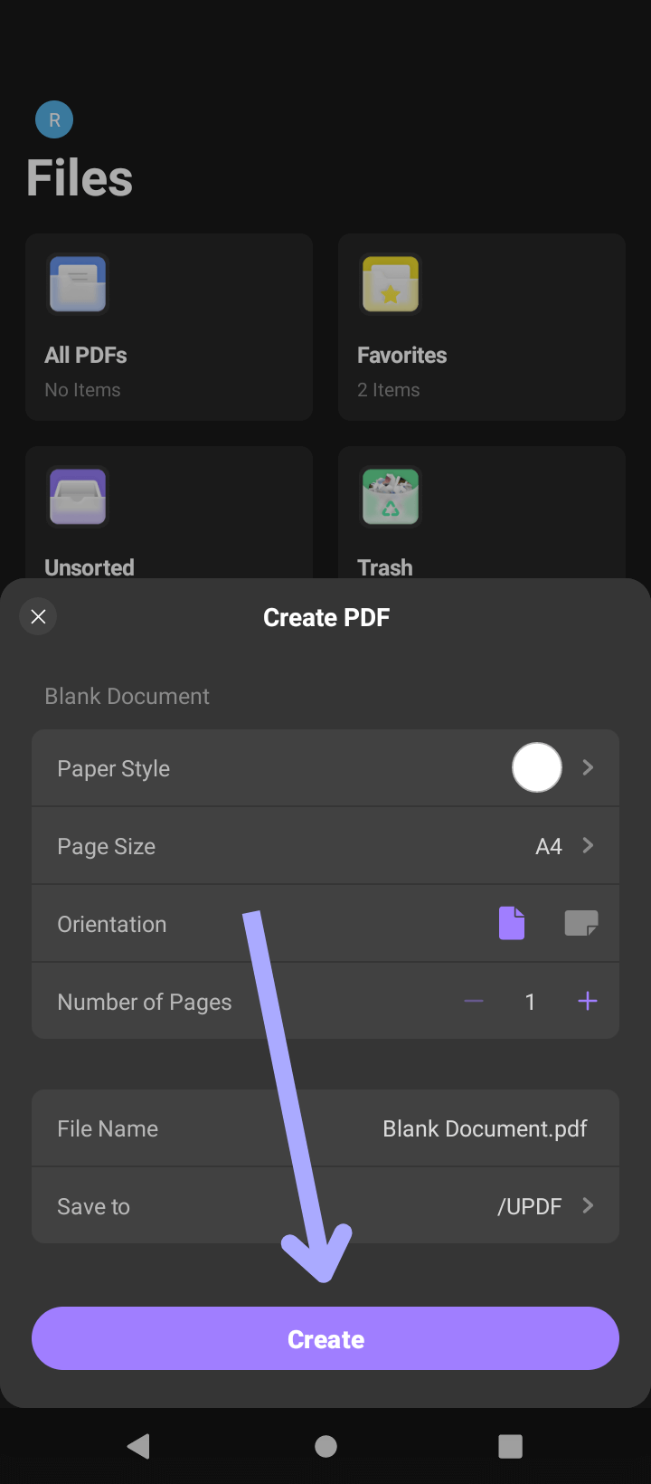 create blank pdf updf android