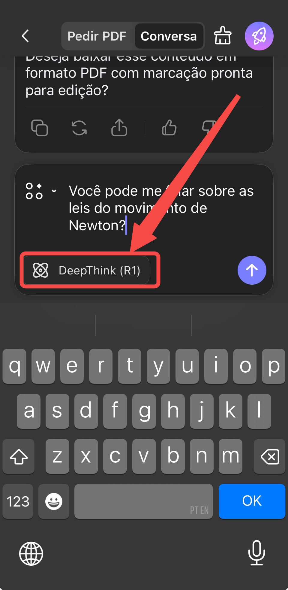 ele usa o gpt-5, então opte pelo deepseek r1 tocando no botão deepthink (r1) para obter respostas melhores