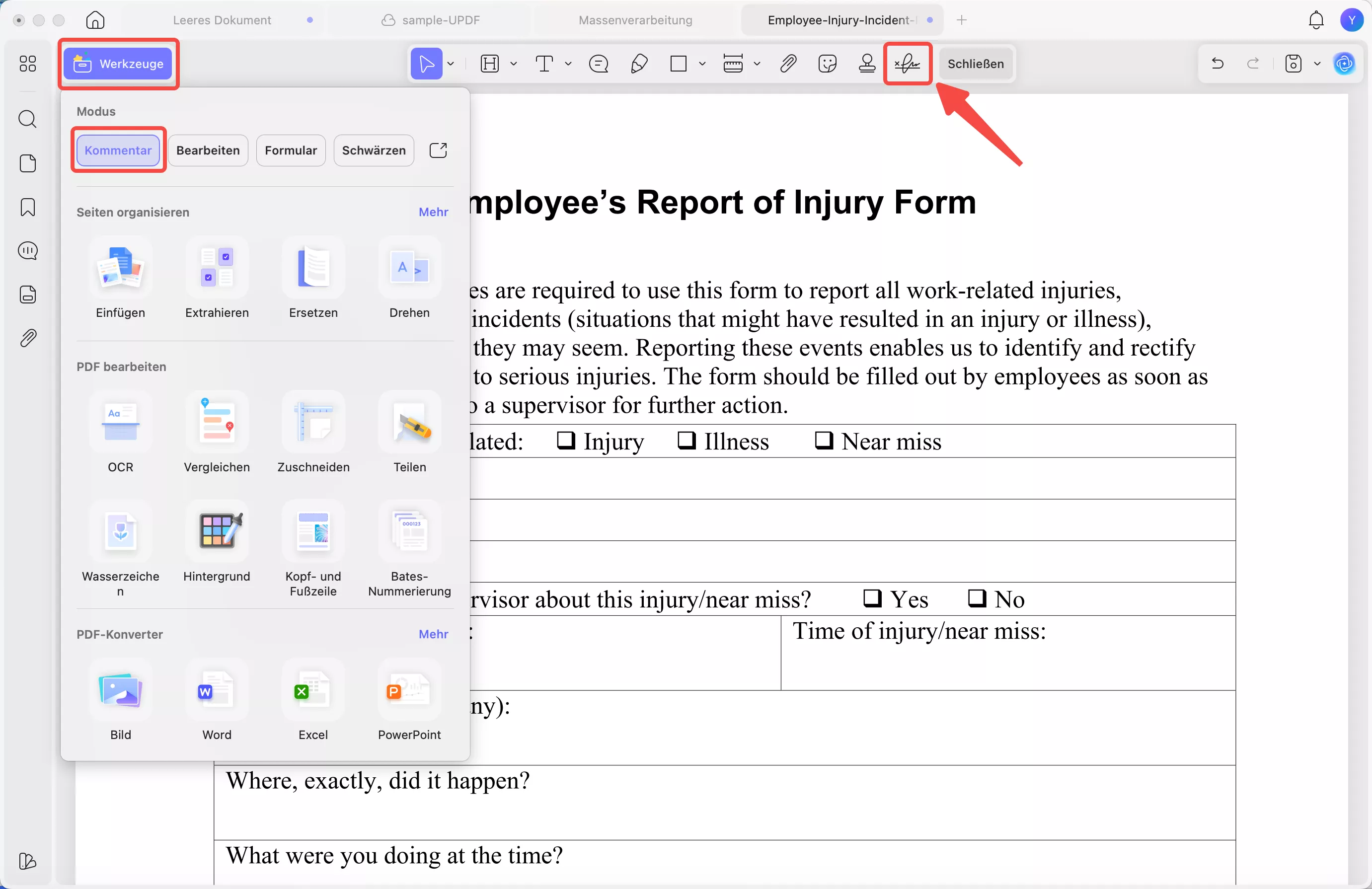 Signatur einfügen, wo erforderlich