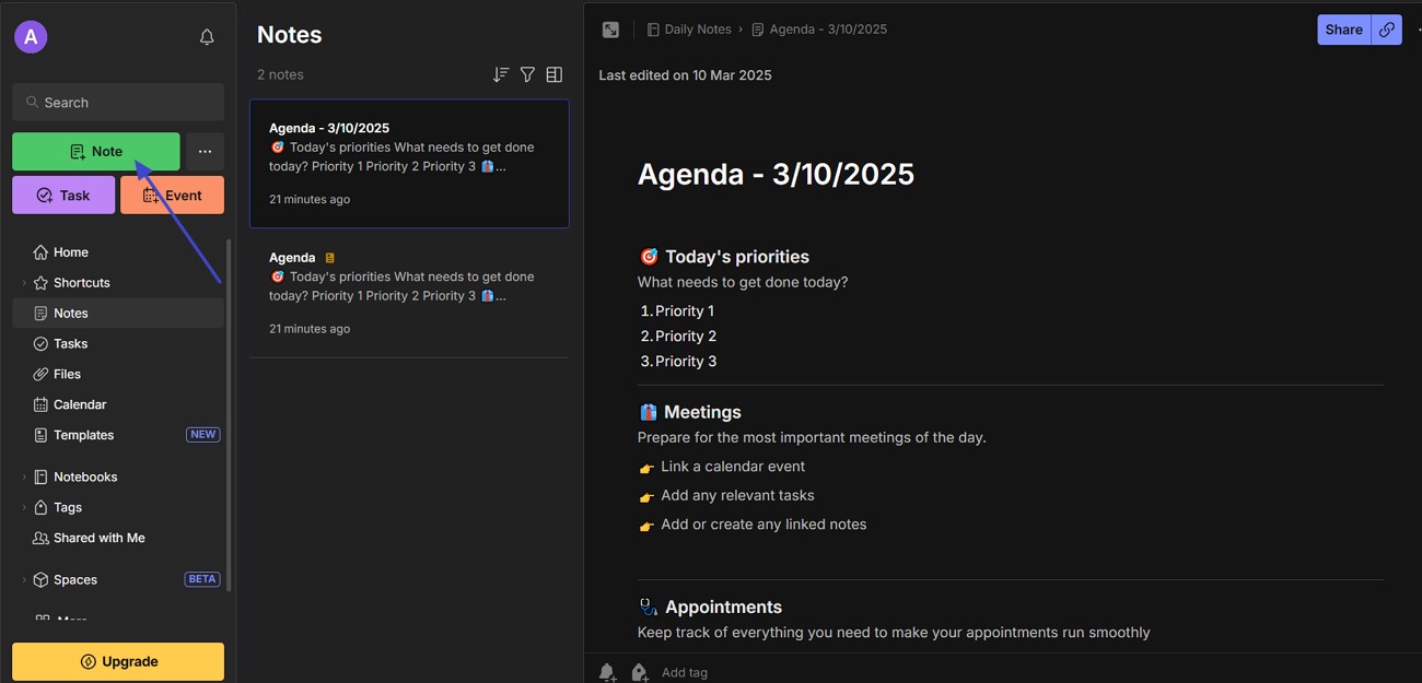 create notes on evernote