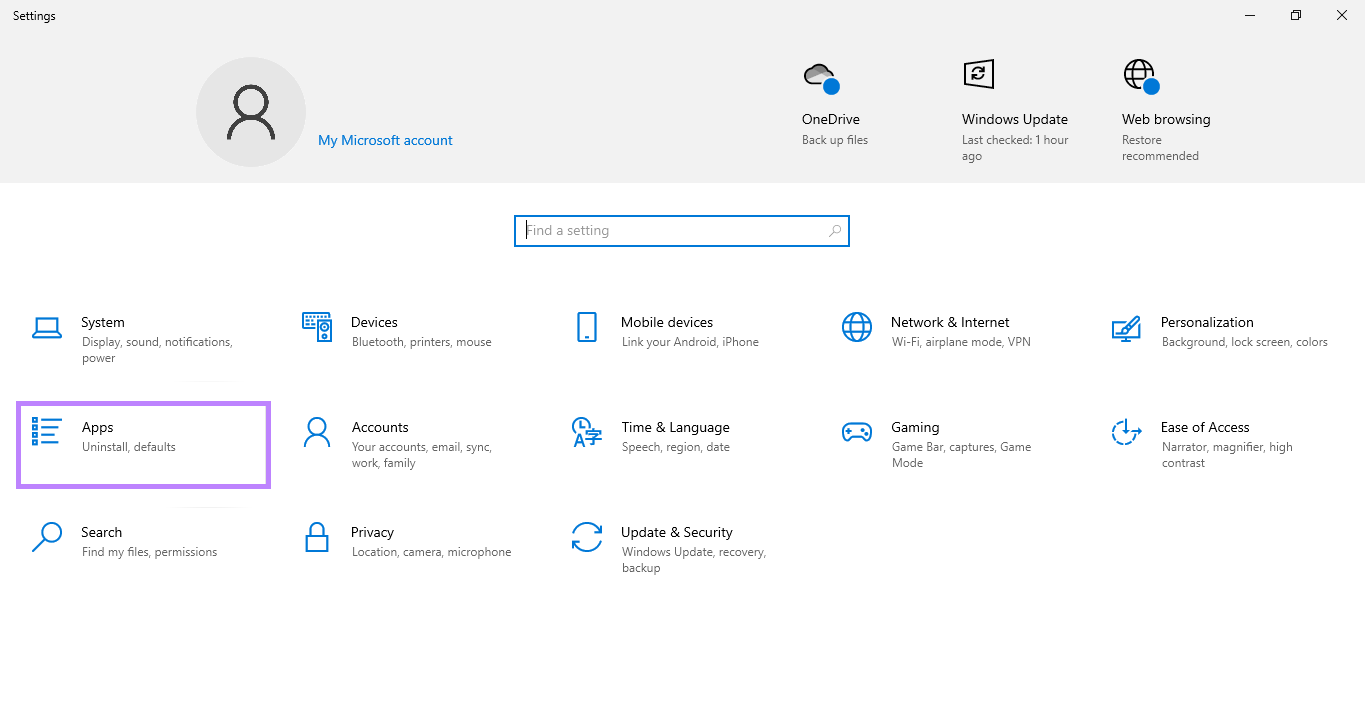 open apps in settings windows
